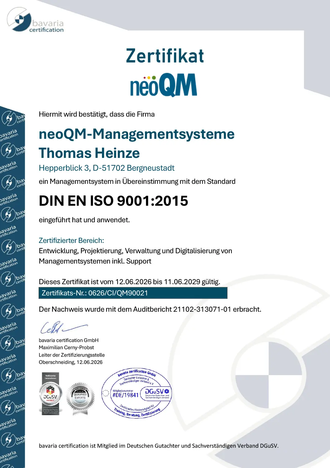 Neoqm Bavaria Certification Zertifikat Iso9001